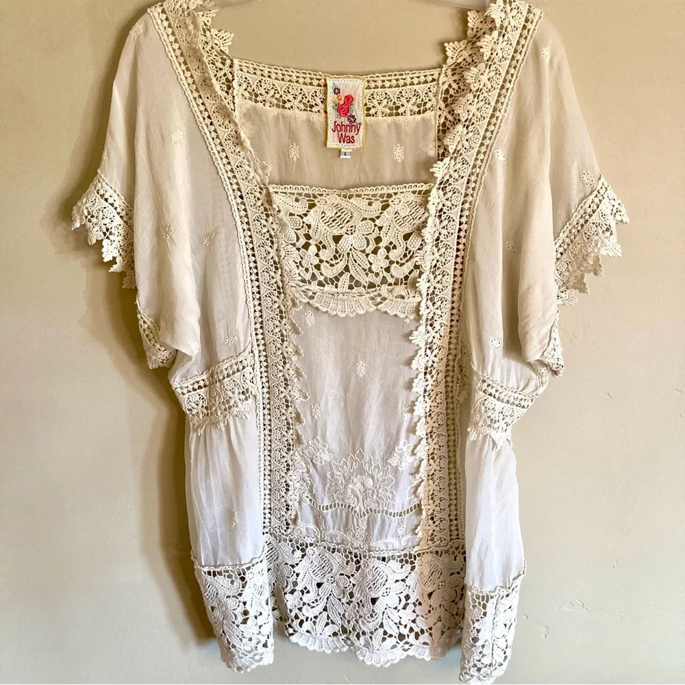 Johnny Was Cream Crochet Lace Peasant Blouse - Picture 2 of 11